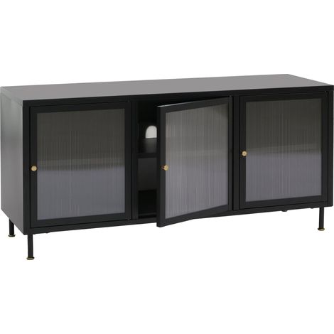 Mobile porta TV in stile industriale con 2 ante e 6 scomparti 58x120x40 cm in acciaio nero e vetro testurizzato 040008866