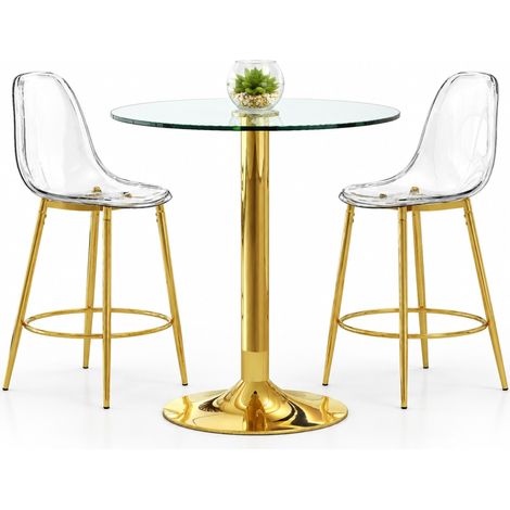 ELVMI Bartisch-Set mit 1 Rundem Tisch und 2 Barhockern Glas Metall Kunststoff Gold Transparent (1/5)