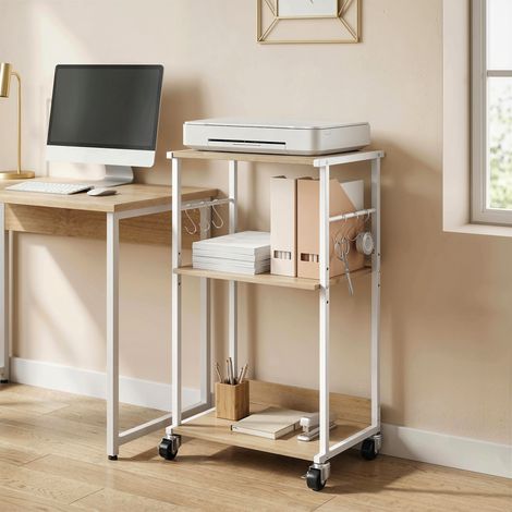 Soporte para Impresora de 3 Niveles con Ruedas Mueble para Impresora con Ganchos y Marco Metálico Madera Natural