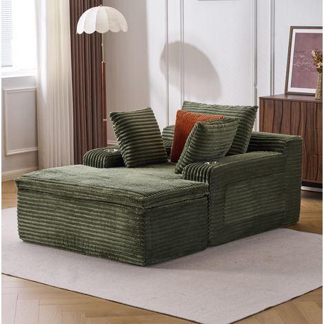 Canapé de sol 2 places vert en velours côtelé avec méridienne, coussins et couverture intégrée (1/5)