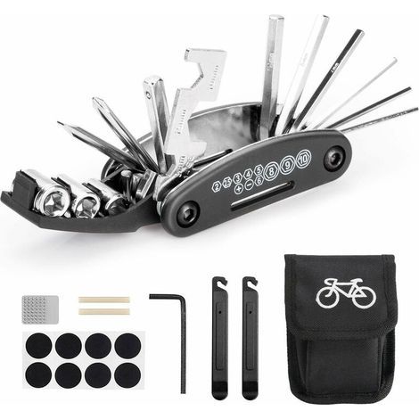 Multifunktionales Fahrradwerkzeug, 16-in-1-Werkzeuge für tragbare Fahrradwerkzeugtaschen mit Kettenwerkzeug und Reifenheber, selbstklebender Fahrradflicken usw. (1/5)