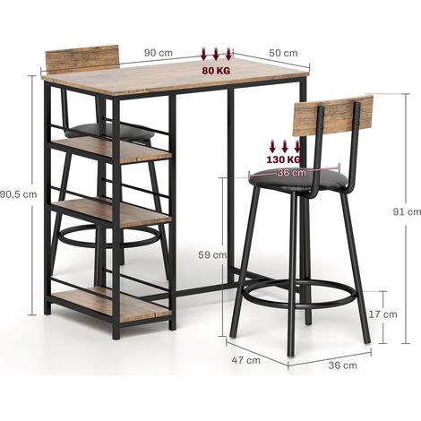 Ensemble de salle à manger 3 pièces avec table de bar et 2 chaises, petit ensemble de cuisine avec étagères latérales, MDF, métal, noir (1/5)