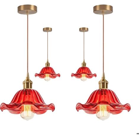 4pcs Suspension Luminaire Moderne en Verre Rouge,25cm Lustre Vintage Industriel Abat-jour Design Fleurs E27 Plafonnier Retro (1/5)