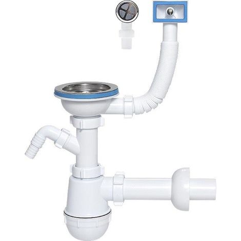 Sifón para fregadero de botella de 115 mm, con rebosadero y conexión para lavavajillas. (1/2)