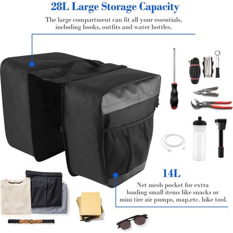 Sacoches de vélo pour porte-bagages, sacoches de vélo arrière Welltop 28L pour porte-bagages, sacoches de vélo étanches, sacoches de vélo avec poignées, bandes réfléchissantes