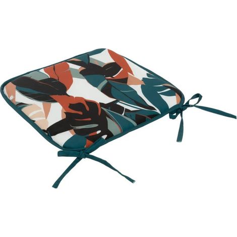 Galette de Chaise Imprimée "Feuilles" 38x38cm Bleu Canard (1/2)