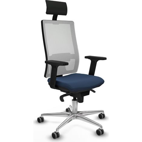 Synchro ottoman maille blanche simili cuir blanc bleu marine accoudoirs 2D base aluminium tête de lit fixe appui-tête fixe roulettes 65mm caoutchoutées