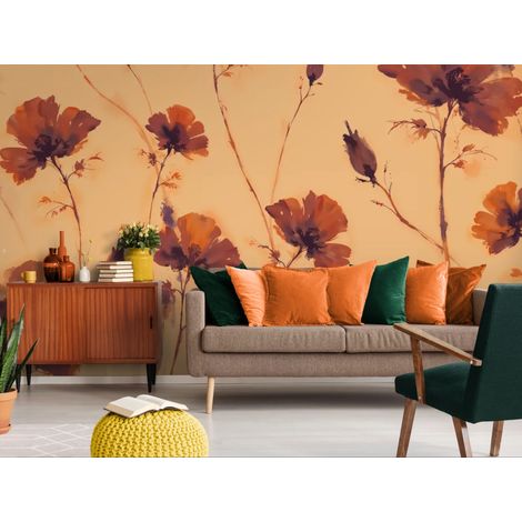 Papier peint floral – Coquelicots minimalistes beige - 150 x 250 cm (1/2)
