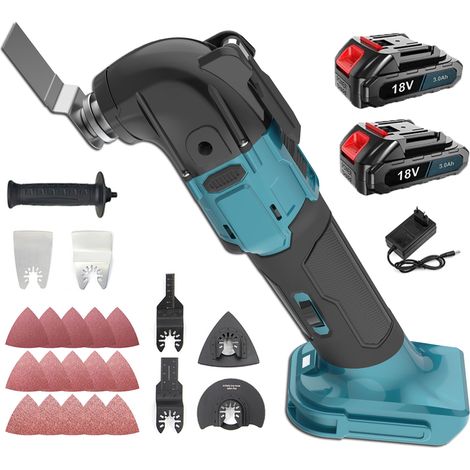 Multi-utensili oscillanti, cordless brushless 6 velocità oscillante multi-utensile levigatrice raschietto sega con 22 lame + 2 batterie 3.0A + caricabatterie, compatibile con batterie Makita