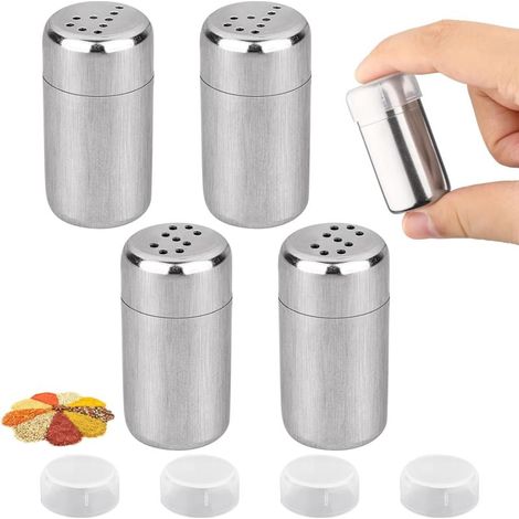 Mini-Salero, 4 Stück à 5 ml, kleine Salzfläschchen mit Deckel, Gewürzbehälter für Camping, Edelstahl-Salzfläschchen, geeignet für Restaurants, Camping und Grillen im Freien