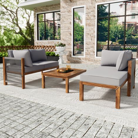 Ensemble fauteuil salon jardin 3 pièces cadre acacia accoudoirs corde grise,modèle L pieds réglables : 2 fauteuils + 1 table.