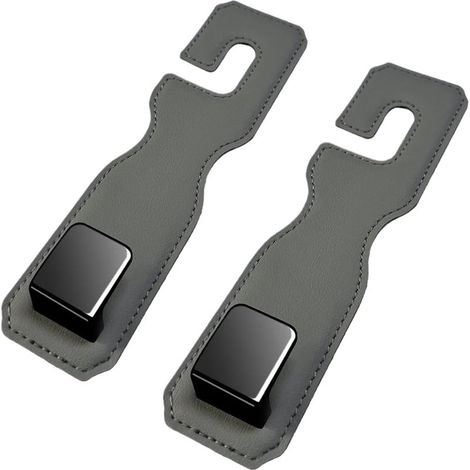 Ganchos para coche, juego de 2 ganchos de cuero para respaldos de asientos de coche, ganchos para reposacabezas de coche, soporte universal para bolsos, carteras y bolsas (gris) (1/5)