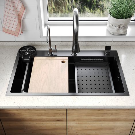 SONNI 304 SUS Edelstahl Küchenspüle mit 1 Becken, Einbecken Unterbauspüle mit Abtropfkorb Abfallsieb Armatur Schneidebrett Tassenuntersetzer Wasserfilterarmatur, Schwarz, 75×45cm