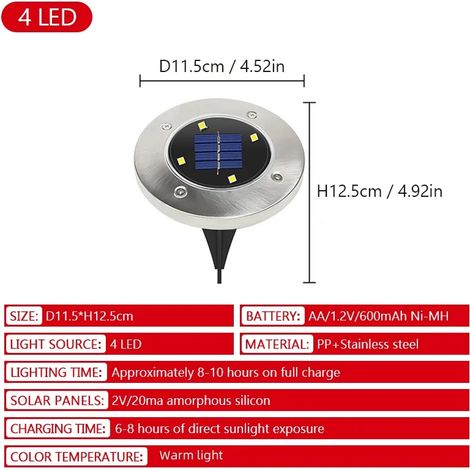 (1 lampe solaire disque extérieure à 4 LED lumière chaude, étanche IP65, pour enfouissement, cour, allée, terrasse, jardin, pelouse) (1/5)
