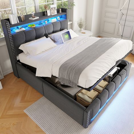 Lit capitonné moderne 140x200 cm en tissu effet lin gris, avec tête de lit à étagères, LED, USB et coffre (1/5)
