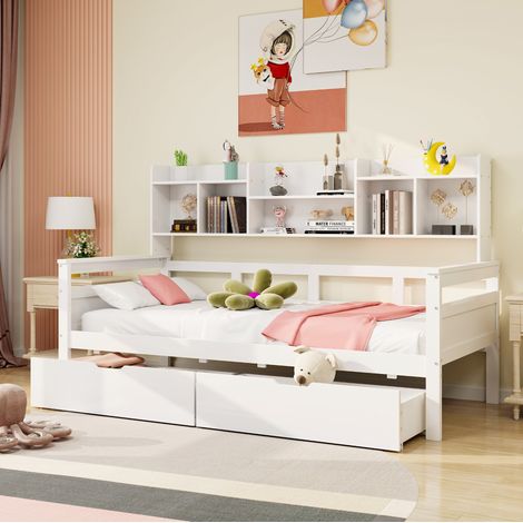 MEUBLIV Lit 90x200 cm blanc – avec rangements, 2 tiroirs et tête de lit, sans matelas (1/5)