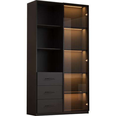 LED-Vitrine Schwarz 80 x 40 x 160 cm mit Glastür, 3 Schubladen und 3 offenen Regalen (1/5)