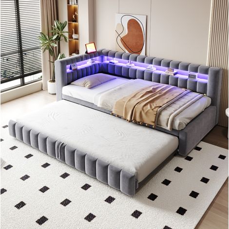Canapé-lit extensible 90 x 200 cm avec LED, port USB et USB-C, velours gris HAVRYA (1/5)