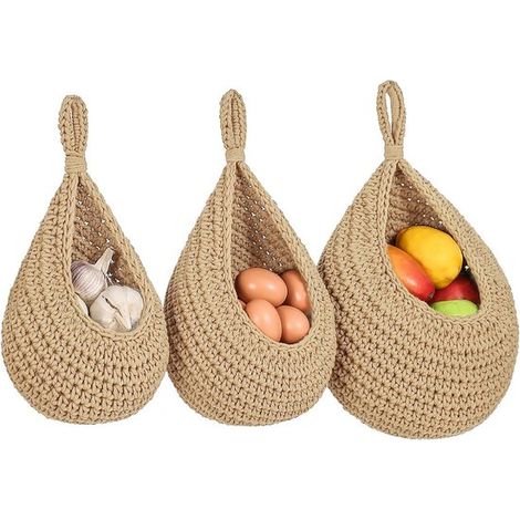 Cesti portaoggetti sospesi, cesti intrecciati per cucina, sala da pranzo, bar, feste, corda di cotone, marrone, 3 pezzi (1/5)