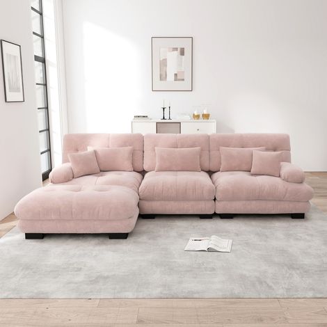 Canapé d'angle modulaire-L design cloud XXL-velours côtelé chenille Rose-lit avec ottomane-313x145x81cm (1/5)