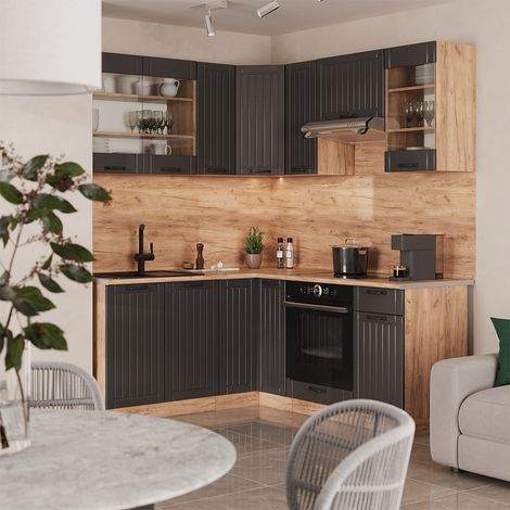 Cucina angolare completa Fame-Line, Grigio scuro/Rovere dorato, 190 x 160 cm, PL Antracite, Vicco