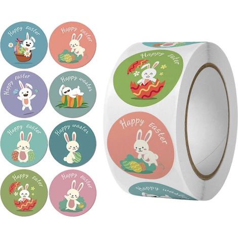 500 autocollants « Joyeuses Pâques » avec de jolis lapins, autocollants adhésifs (1/5)