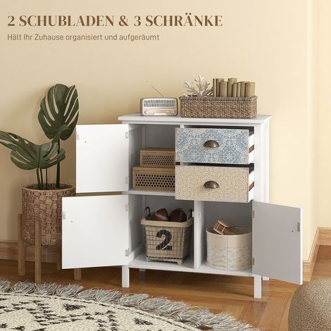 Buffet shabby chic, commode à 2 tiroirs et 3 casiers de rangement, bois de pin, 68x34x80 cm, blanc