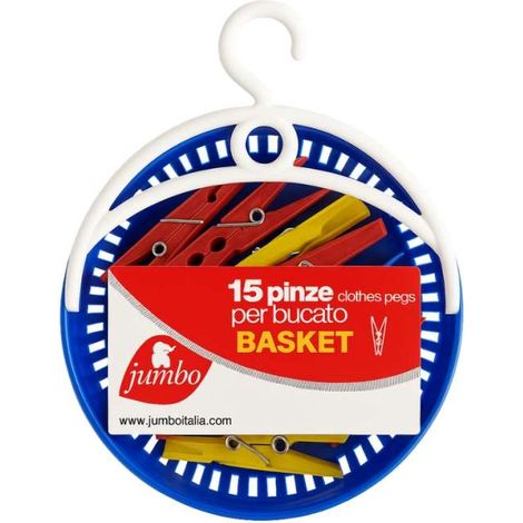 Jumbo 15 Mollette e Cestino Resistente in Plastica per Bucato