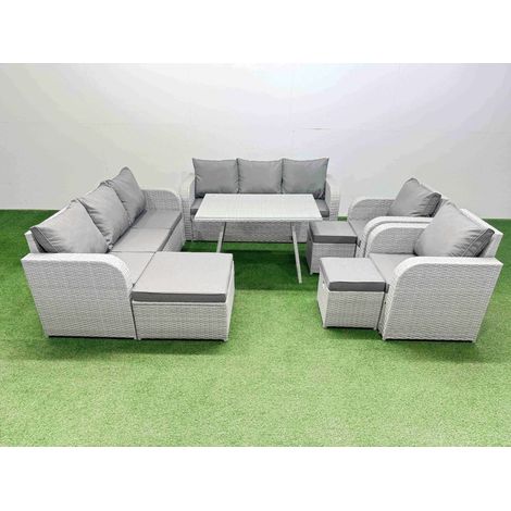 Fimous Rattan High Back Lounge Sofa Set Patio Dining Table & Chairs Set with 3 Seater Sofa 2 Reclining Chairs 3 Stool Light Grey (1/4)