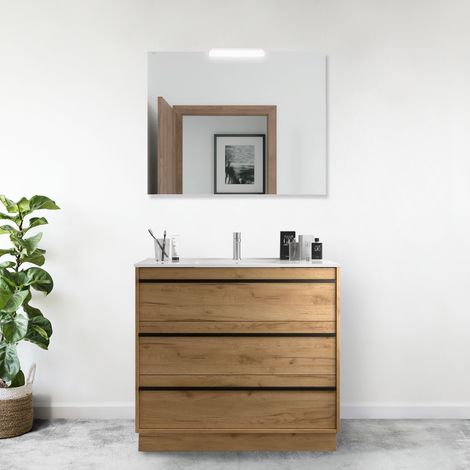 Mobile bagno a terra 100 cm 3 cassetti in legno rovere africa con lavabo a incasso - Astoria - 100 cm Con Doppia colonna Specchio e Lampada Led - Misura: 100 cm - Accessorio: Con specchio e lampada LE
