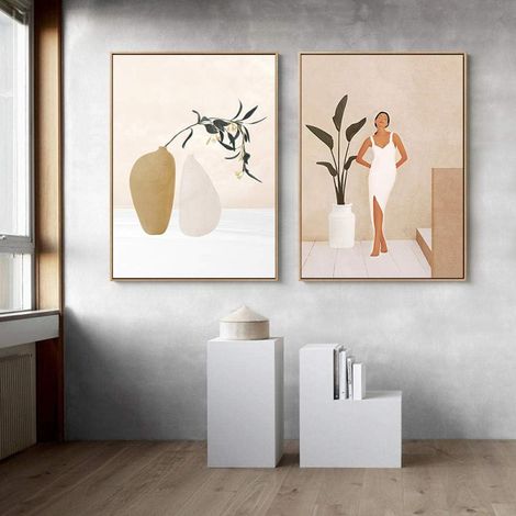 Conjunto de dos pósteres y láminas decorativas de estilo nórdico retro en color beige, adornados con motivos botánicos sobre lienzo, ideales para decorar una ventana 20 x 30 cm x 2 piezas, sin marco (1/3)