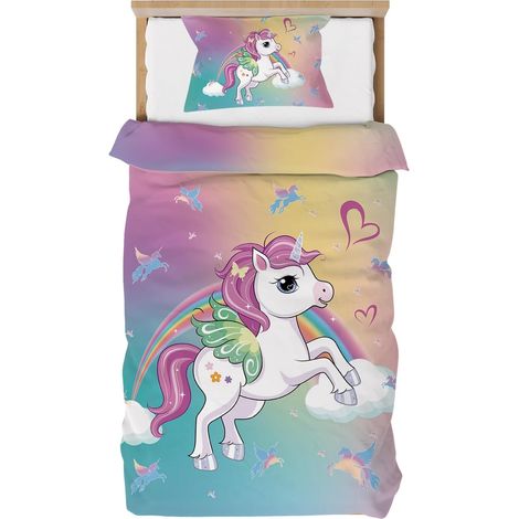 Housses de Couettes Licorne 90x190cm, Parure de Lit 1 Personne avec Fermeture Éclai pour Enfant Fille Arc en Ciel - Housse de Couette Licorne en Microfibre avec Taie d'oreiller 40x60cm (1/5)