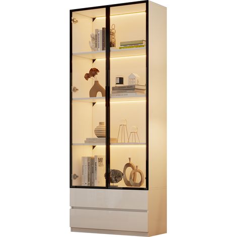 Vitrine Bücherregal mit 2 Glastüren, 2 Schubladen und LED, 6 Ebenen, für Wohnzimmer, aus Spanplatte, 80×34×200 cm, Weiß (1/5)