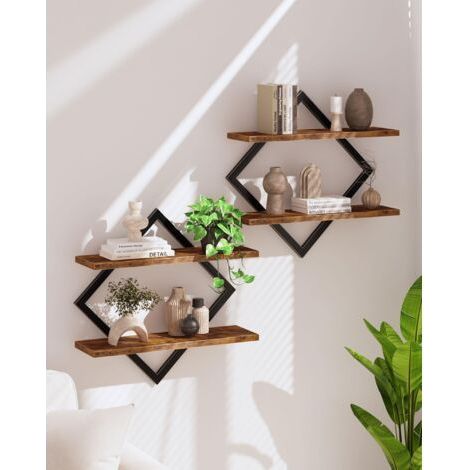 Étagère flottantes, Lot de 2, Étagères murales à 2 Niveaux, Rangements Suspendus avec Cadre métallique losangé, pour Salon, Chambre, Cuisine, Bureau, Marron Rustique et Noir (1/5)