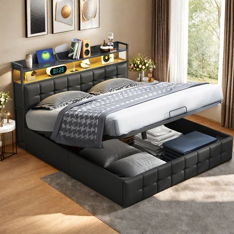 Lit coffre 160 x 200 cm, lit 160x200 avec sommier, lit adulte avec port USB et LED, cadre de lit, avec tete de lit, Noir, PU (1/5)