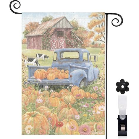 Drapeau de jardin décoratif 30 x 45 cm motif camion et citrouilles ambiance automne toile double face (1/5)