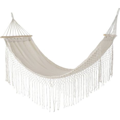 Hamac coton beige avec franges style bohème pour jardin relax - Beige naturel avec franges écrues (1/5)