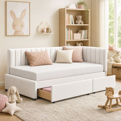 Sofá cama 90x200 cm con 2 cajones, beige, estructura de madera, sin colchón FloraGrace (1/5)