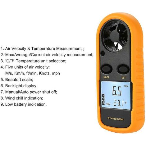 Anémomètre numérique LCD, indicateur de vitesse du vent, thermomètre rétroéclairé (1/4)