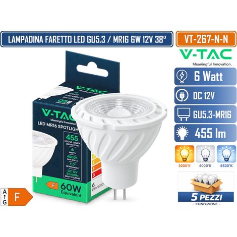 CONFEZIONE 5 PEZZI V-TAC VT-267 FARETTO LED MR16 GU5.3 6W 12V 455LM FASCIO 38° LUCE 3000K 4000K 6500K (1/4)