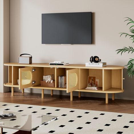 Mobile TV ovale 180 x 40 x 40 cm in MDF colore legno chiaro, stile rattan, per TV 75" (1/5)