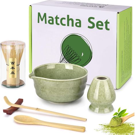 Kit Matcha Complet 6 Pièces – Bol à Matcha à Buse 500 ml, Fouet Bambou Main, Cuillère Précise, Support de Fouet à Matcha, Kit de Thé Japonais, Ensemble Matcha Adapté aux Débutants (Vert) (1/5)
