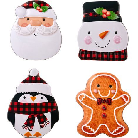 4 scatole di latta per biscotti a forma di omino di pan di zenzero, scatole di latta per caramelle a tema Babbo Natale, scatole di latta a forma di pupazzo di neve, scatole regalo (1/5)