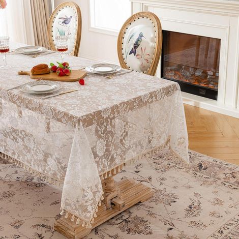 Spitzendeckchen mit Rosenmuster und Quasten, rechteckig, 140x180 cm, beige