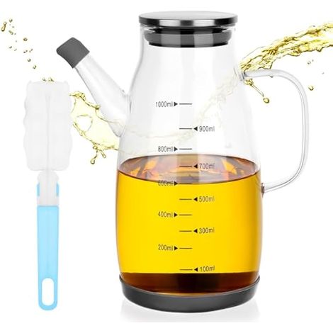 Bouteille doseuse d'huile, 1L en verre avec poignée, anti-fuite, graduée, pour cuisine, barbecue et camping. (1/5)