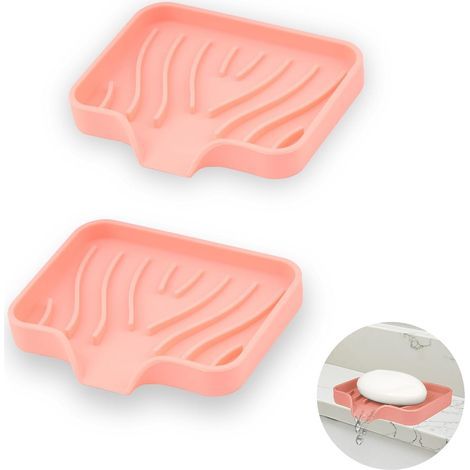 2 Pièce Porte Savons Silicone, Porte Savon Salle de Bain avec Évacuation, Support Savon Incliné, Porte-Savons Antidérapants pour Douche, Cuisine et Baignoire (Rose) (1/5)