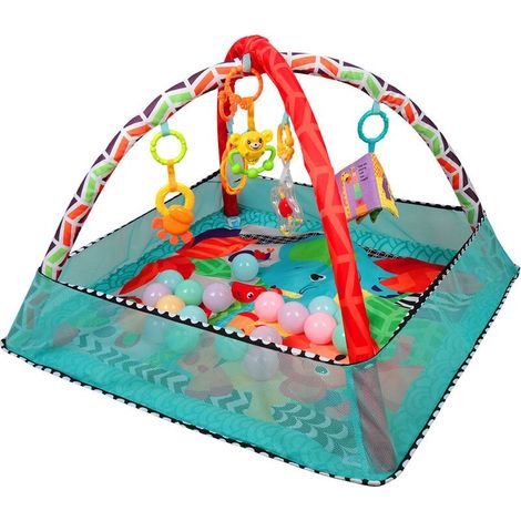 – Tapis d'éveil bébé 80x80cm – Non toxique, lavable en machine – 5 jouets suspendus, 18 boules océaniques – Cadre de fitness bleu (1/5)