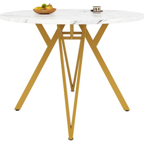 CHICFURN Tavolo da pranzo rotondo 100x100x76 cm in MDF effetto marmo dorato, 4 persone (1/5)