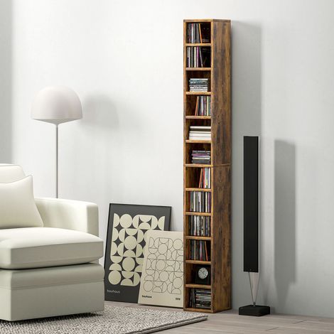 Rangements pour CD et DVD avec 12 compartiments, capacité max. 204 CD, 21 x 20 x 175 cm, brun rustique (1/5)