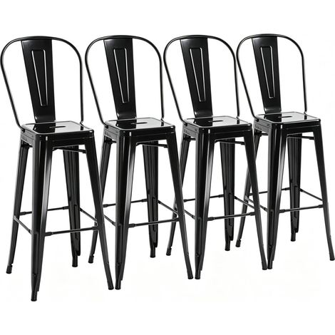 CHICFURN Lot de 4 tabourets de bar industriels noirs en métal avec dossier amovible, repose-pieds et design empilable, idéal pour cuisine, îlot et comptoir (1/5)